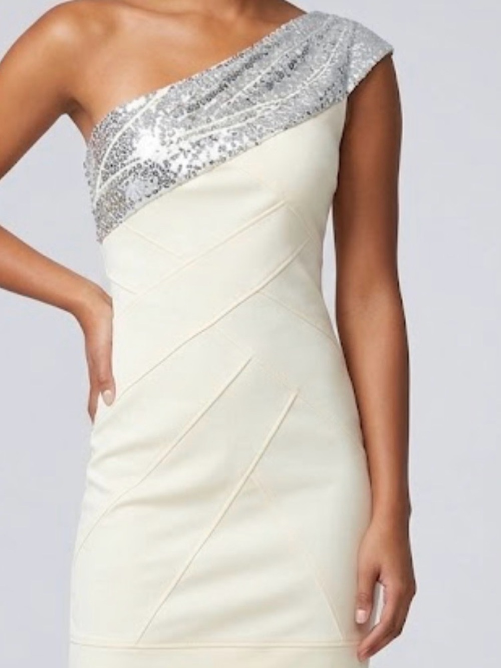 bebe Cream One-Shoulder Dress with Silver Sequin Detail